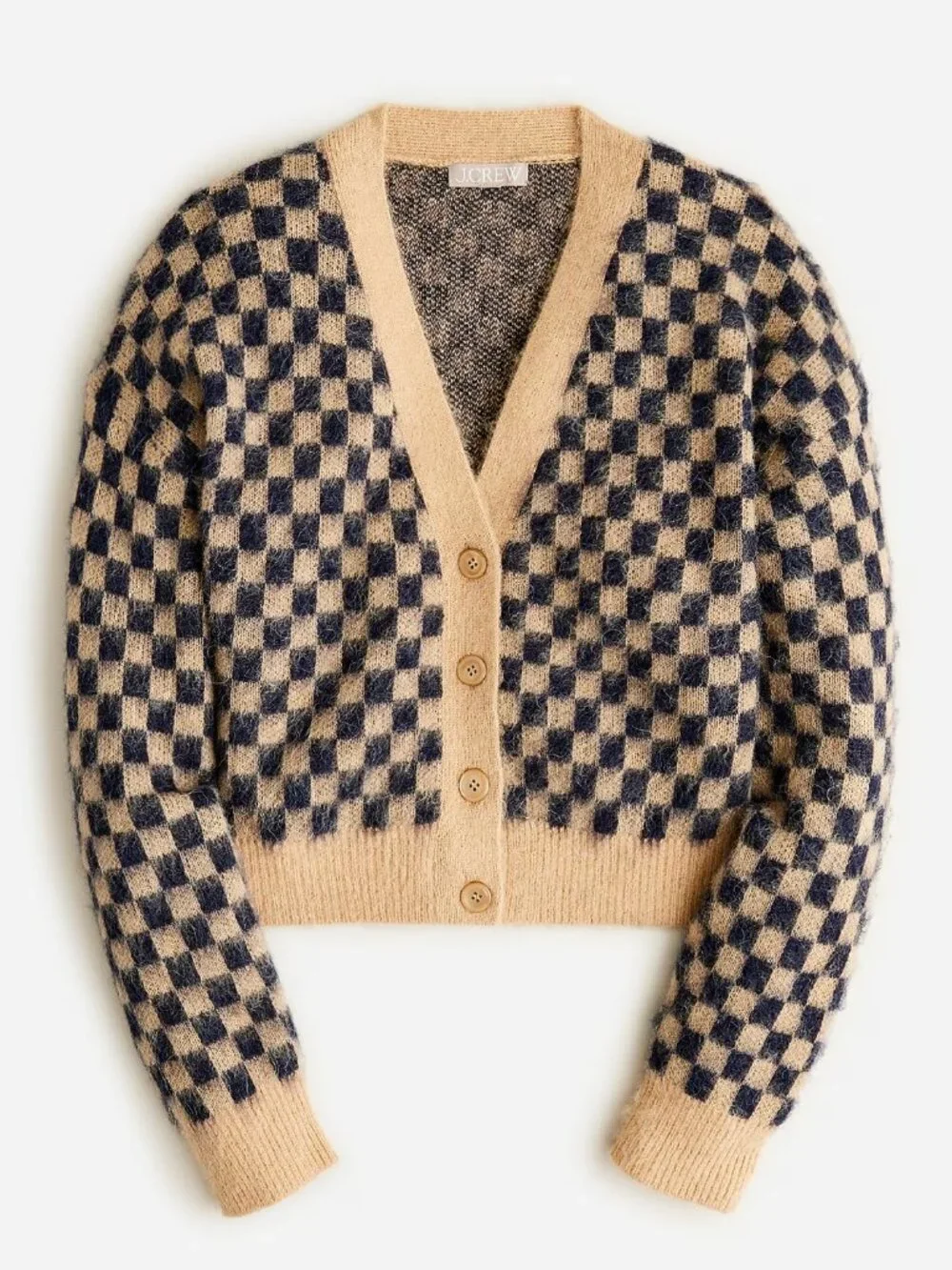 NWT J. Crew Checkered V-neck Cardigan Sweater Brushed‎ Yarn in Sandy Beach Navy